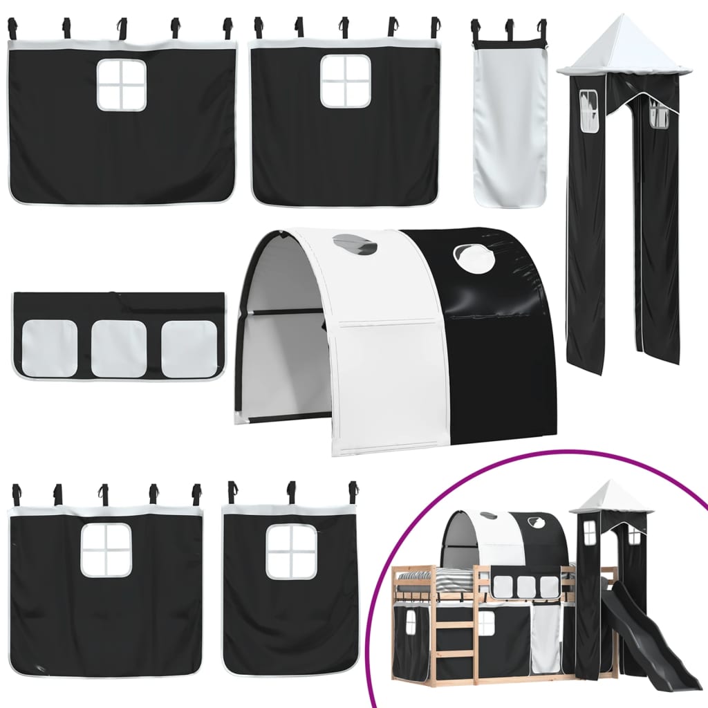 Letto a Castello con Scivolo e Tende Bianco e Nero 90x200 cm - homemem39