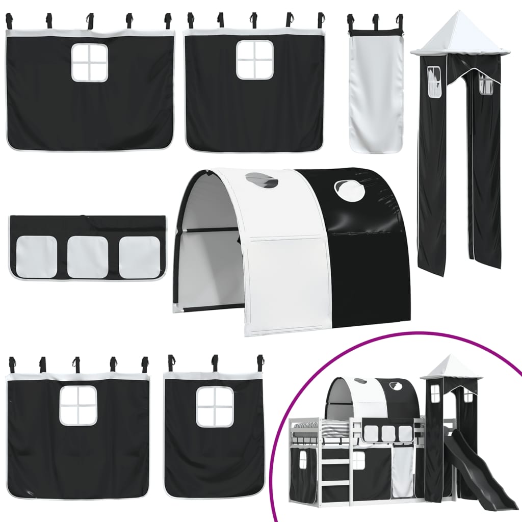 Letto a Castello con Scivolo e Tende Bianco e Nero 90x200 cm - homemem39