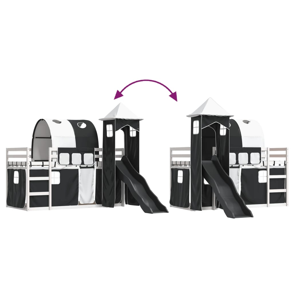 Letto a Castello con Scivolo e Tende Bianco e Nero 90x200 cm - homemem39