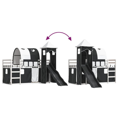 Letto a Castello con Scivolo e Tende Bianco e Nero 90x200 cm - homemem39