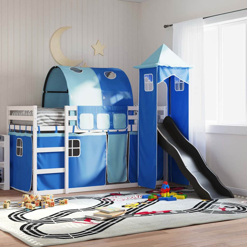 Letto a Castello con Scivolo e Tende Blu 90x200 cm | homemem39