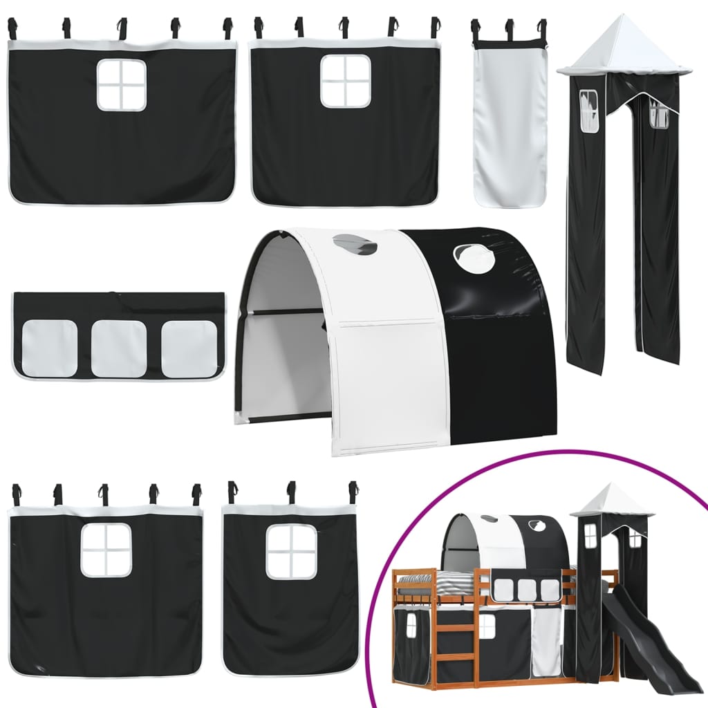 Letto a Castello con Scivolo e Tende Bianco e Nero 90x200 cm - homemem39