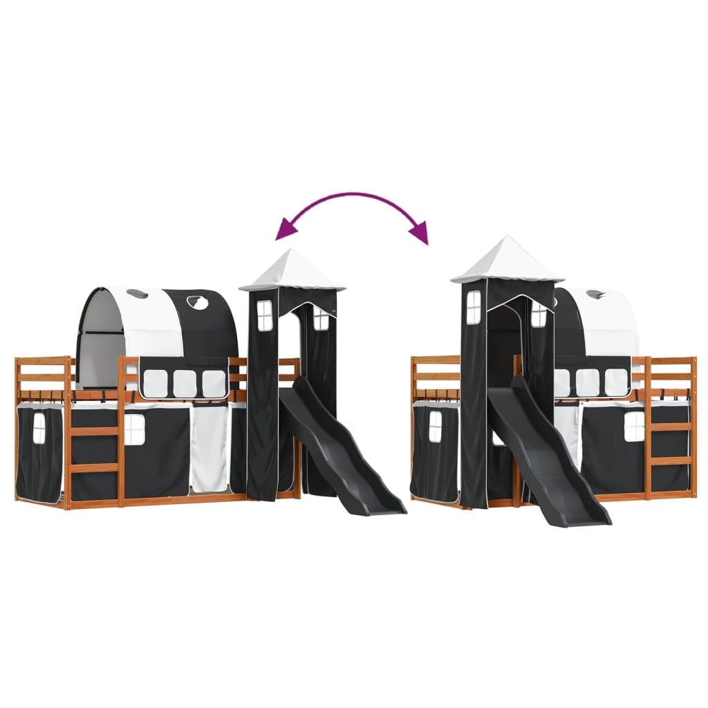 Letto a Castello con Scivolo e Tende Bianco e Nero 90x200 cm - homemem39