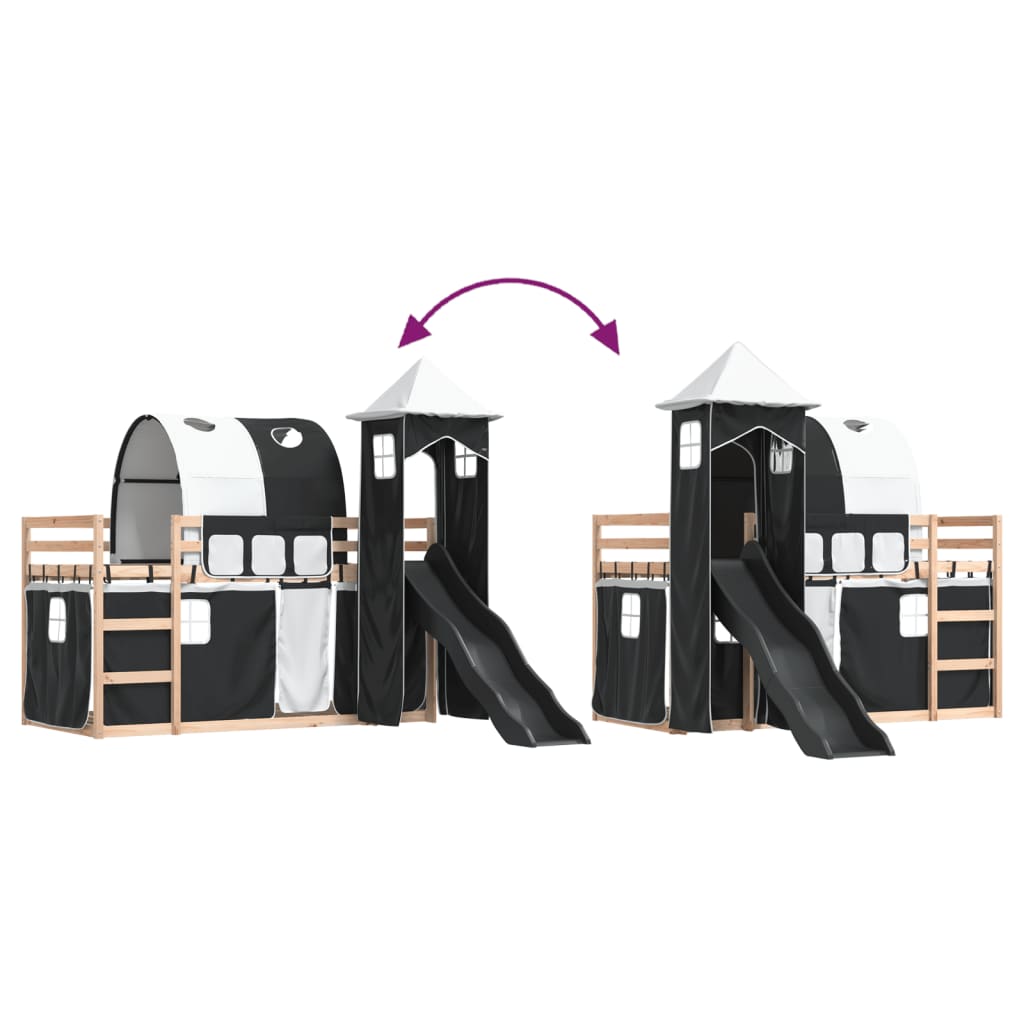 Letto a Castello con Scivolo e Tende Bianco e Nero 80x200 cm - homemem39