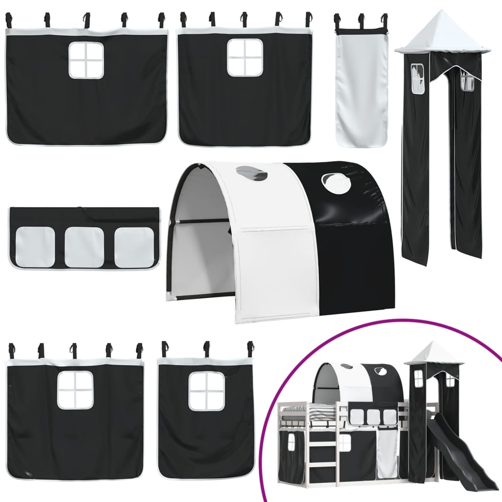 Letto a Castello con Scivolo e Tende Bianco e Nero 80x200 cm - homemem39