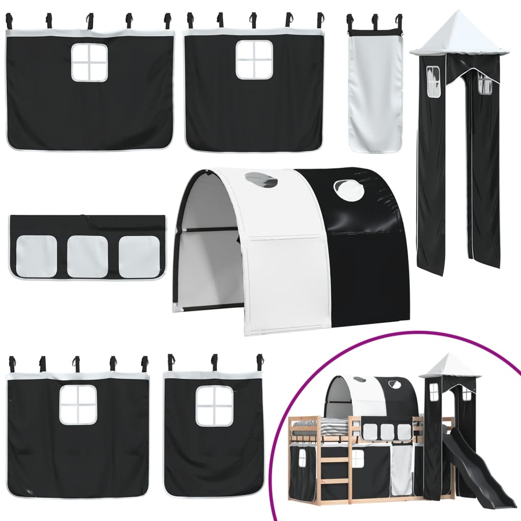 Letto a Castello con Scivolo e Tende Bianco e Nero 80x200 cm - homemem39