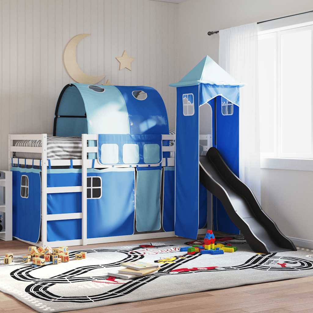 Letto a Castello con Scivolo e Tende Blu 90x190 cm | homemem39