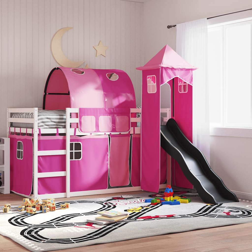 Letto a Castello con Scivolo e Tende Rosa 90x190 cm | homemem39