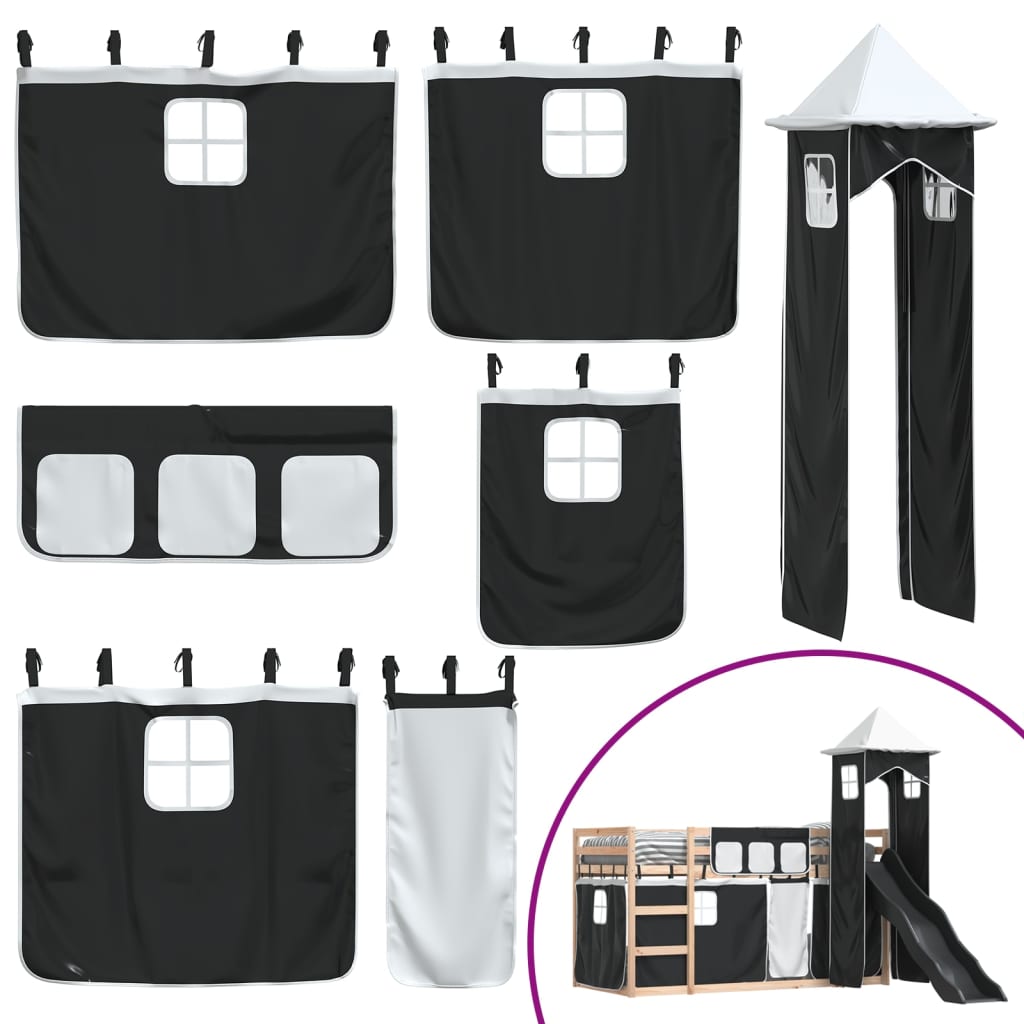 Letto a Castello con Scivolo e Tende Bianco e Nero 90x200 cm - homemem39