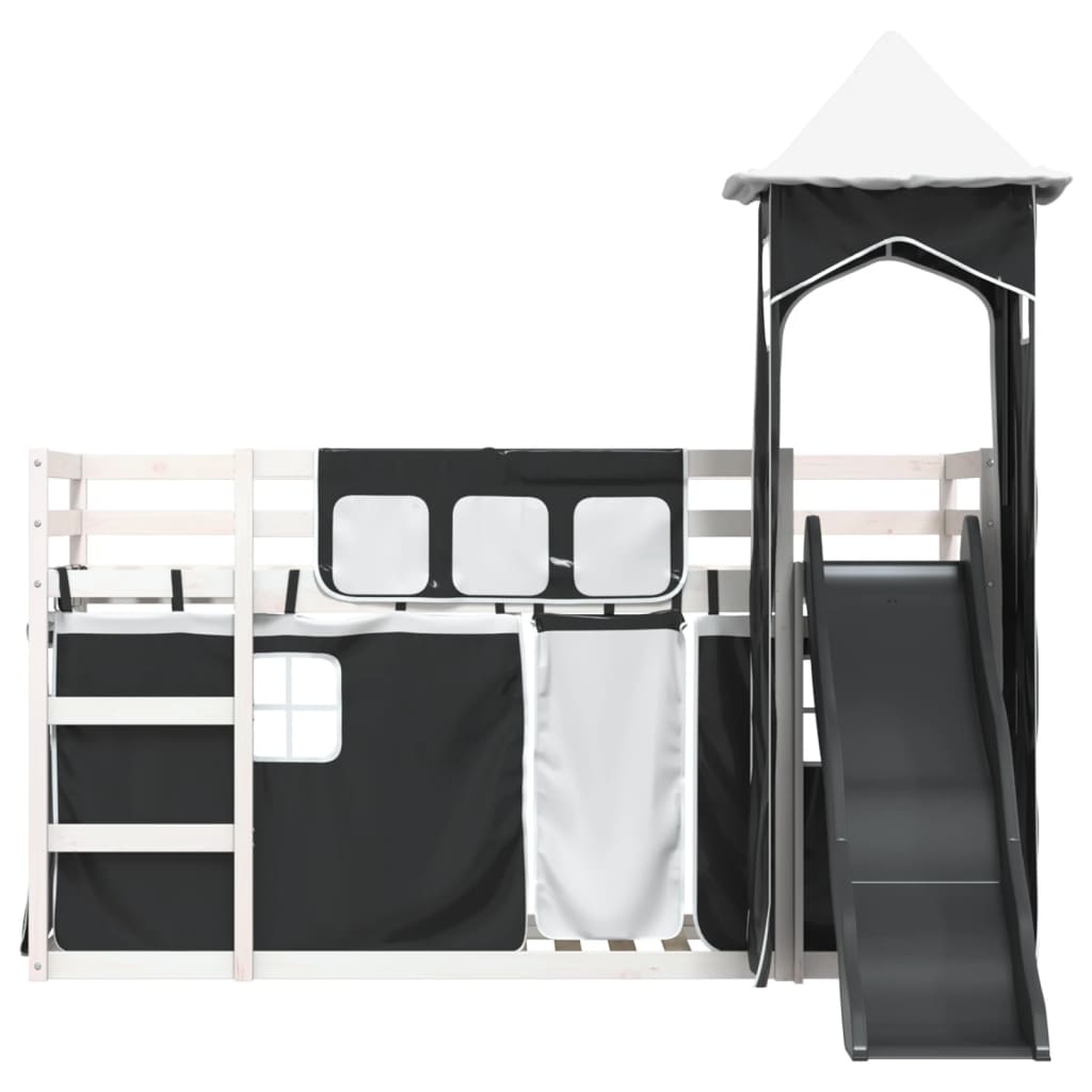 Letto a Castello con Scivolo e Tende Bianco e Nero 90x200 cm - homemem39