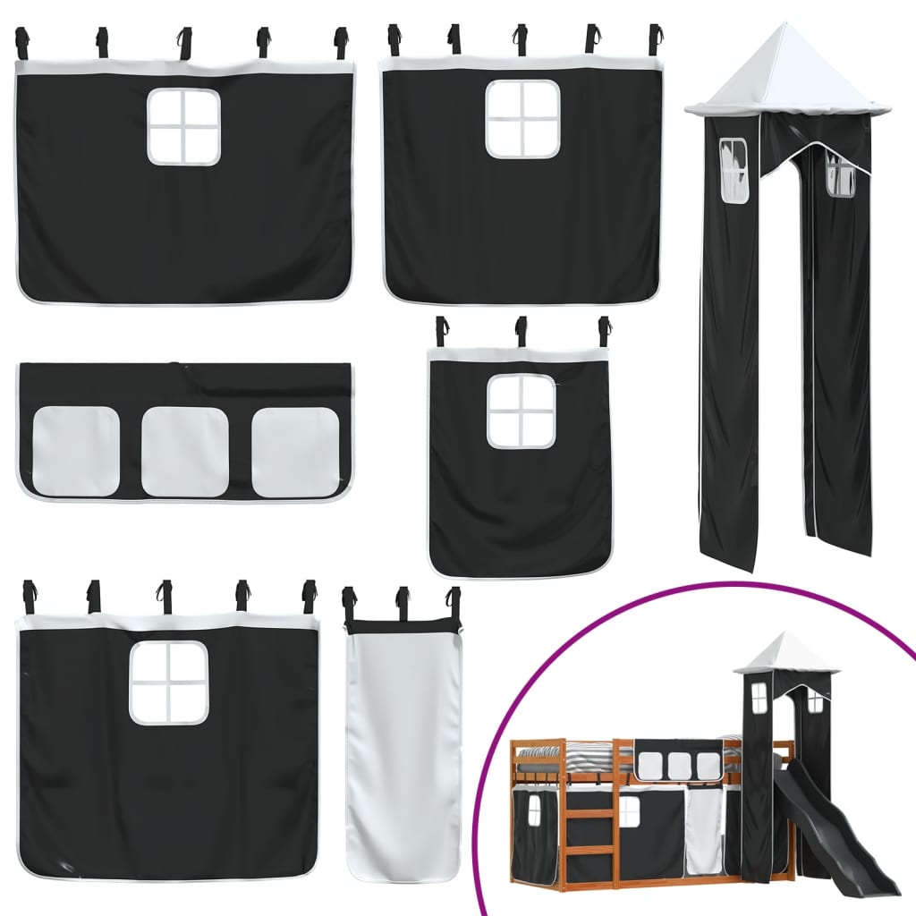 Letto a Castello con Scivolo e Tende Bianco e Nero 90x200 cm - homemem39