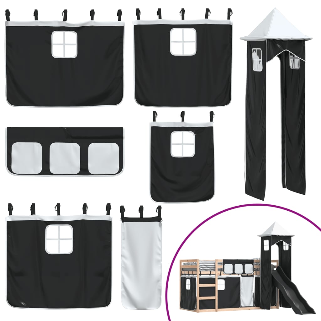 Letto a Castello con Scivolo e Tende Bianco e Nero 80x200 cm - homemem39