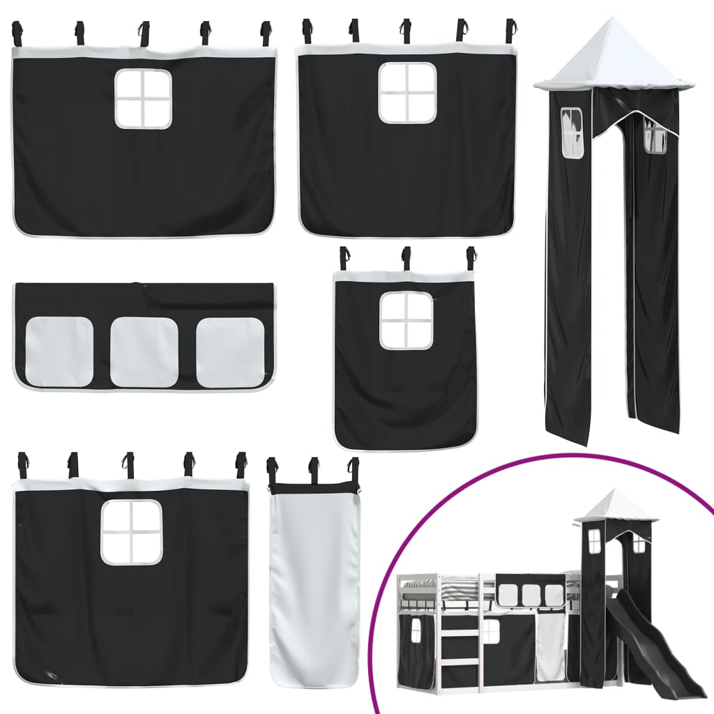 Letto a Castello con Scivolo e Tende Bianco e Nero 80x200 cm - homemem39