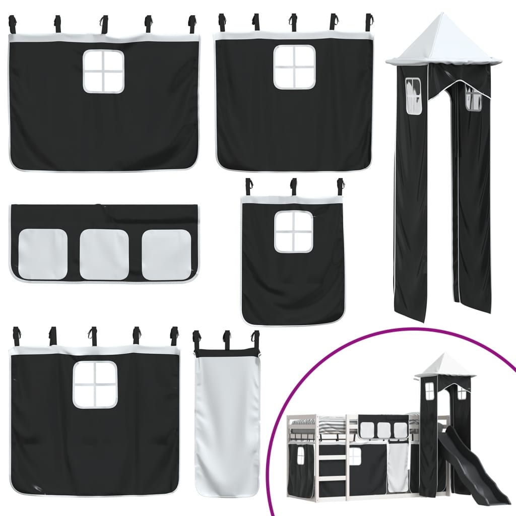 Letto a Castello con Scivolo e Tende Bianco e Nero 80x200 cm - homemem39