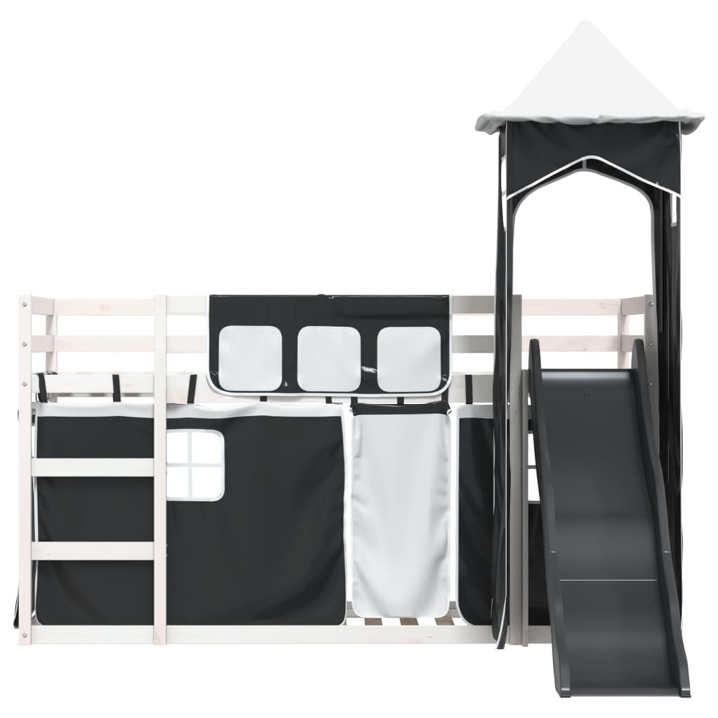 Letto a Castello con Scivolo e Tende Bianco e Nero 80x200 cm - homemem39