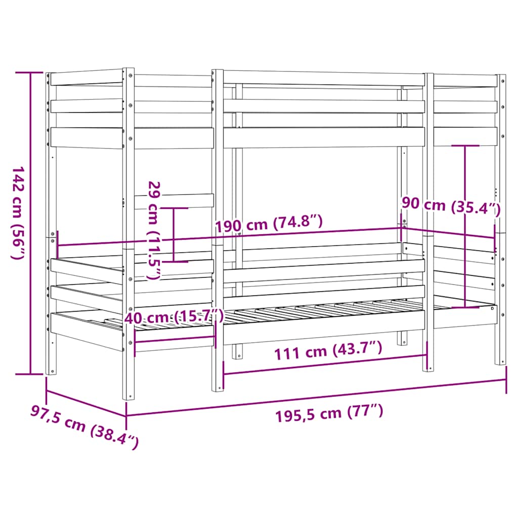 Letto a Castello Marrone Cera 90x190 cm in Legno di Pino | homemem39