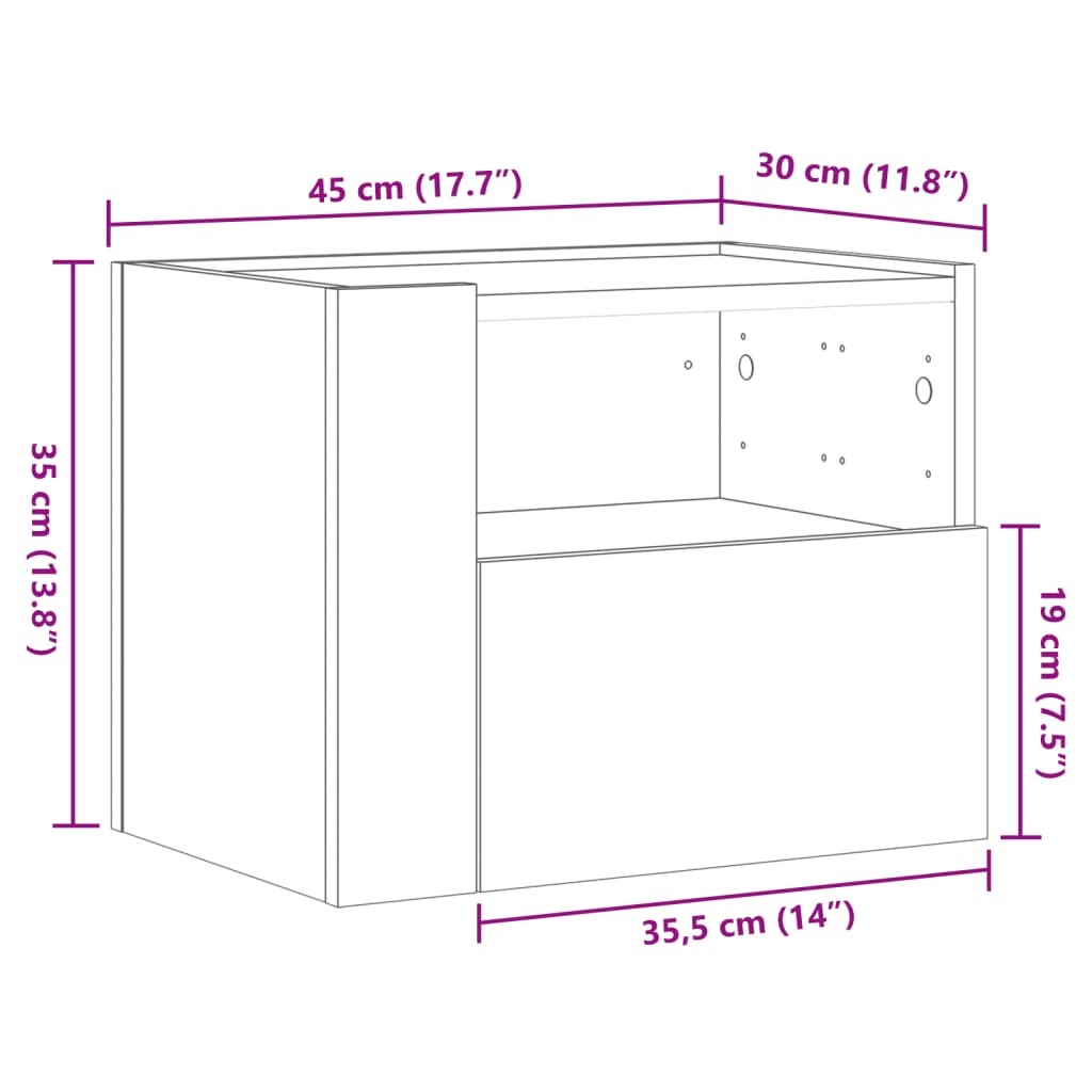 Comodino a Muro Grigio Sonoma 45x30x35 cm