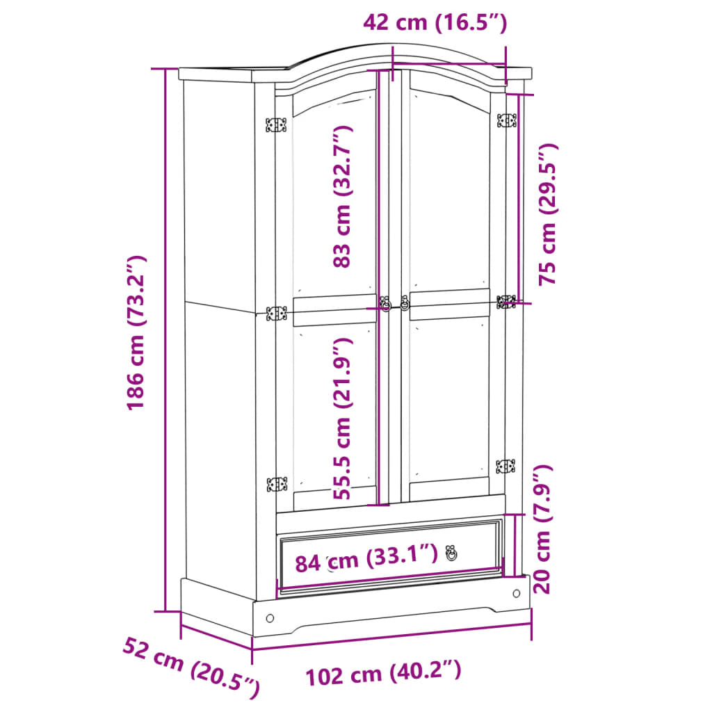 Armadio Corona 102x52x186 cm in Legno Massello di Pino