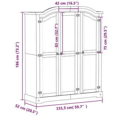 Corona wardrobe 151.5x52x186 cm in solid pine wood