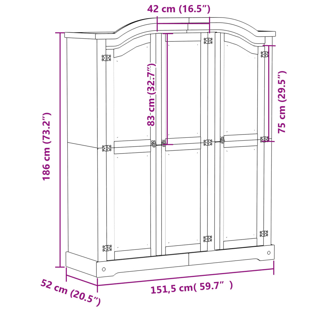 Armadio Corona Bianco 151,5x52x186 cm in Legno Massello di Pino