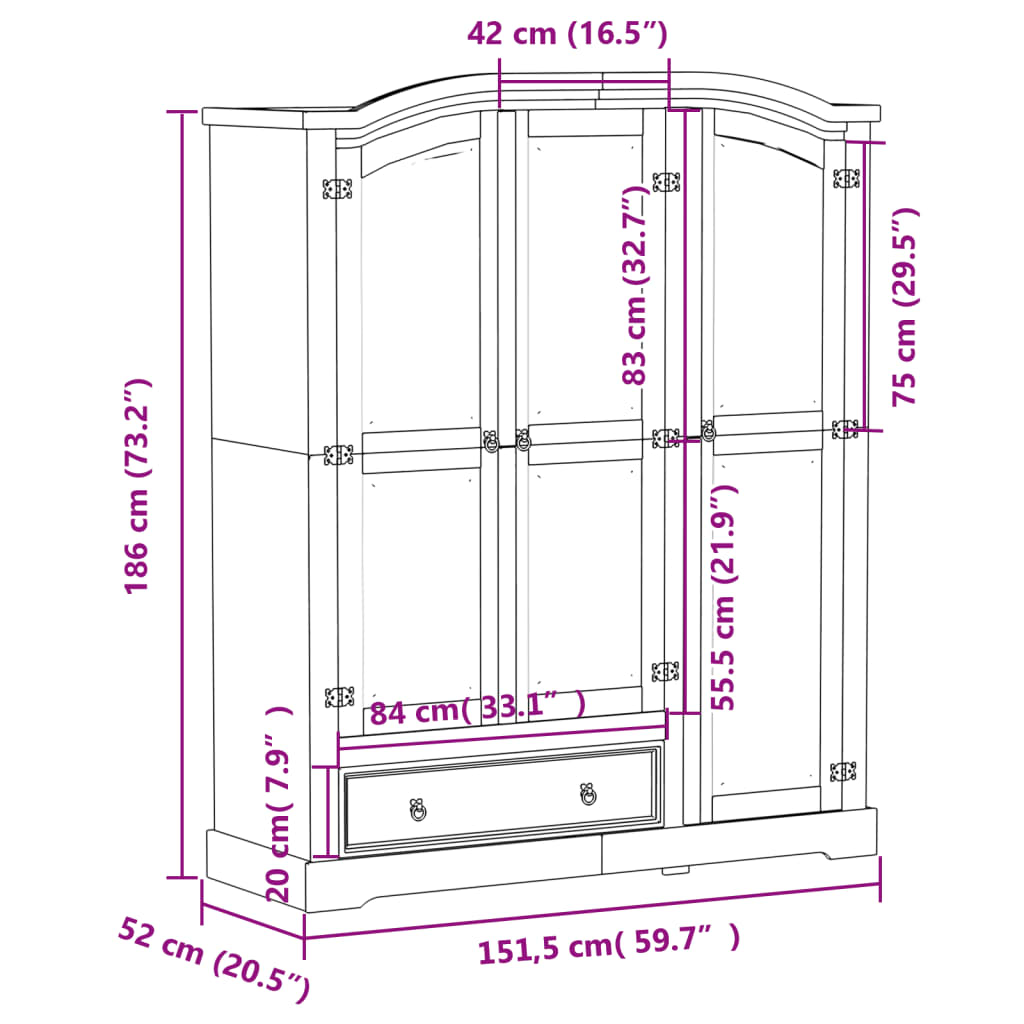 Armadio Corona Bianco 151,5x52x186 cm in Legno Massello di Pino | homemem39