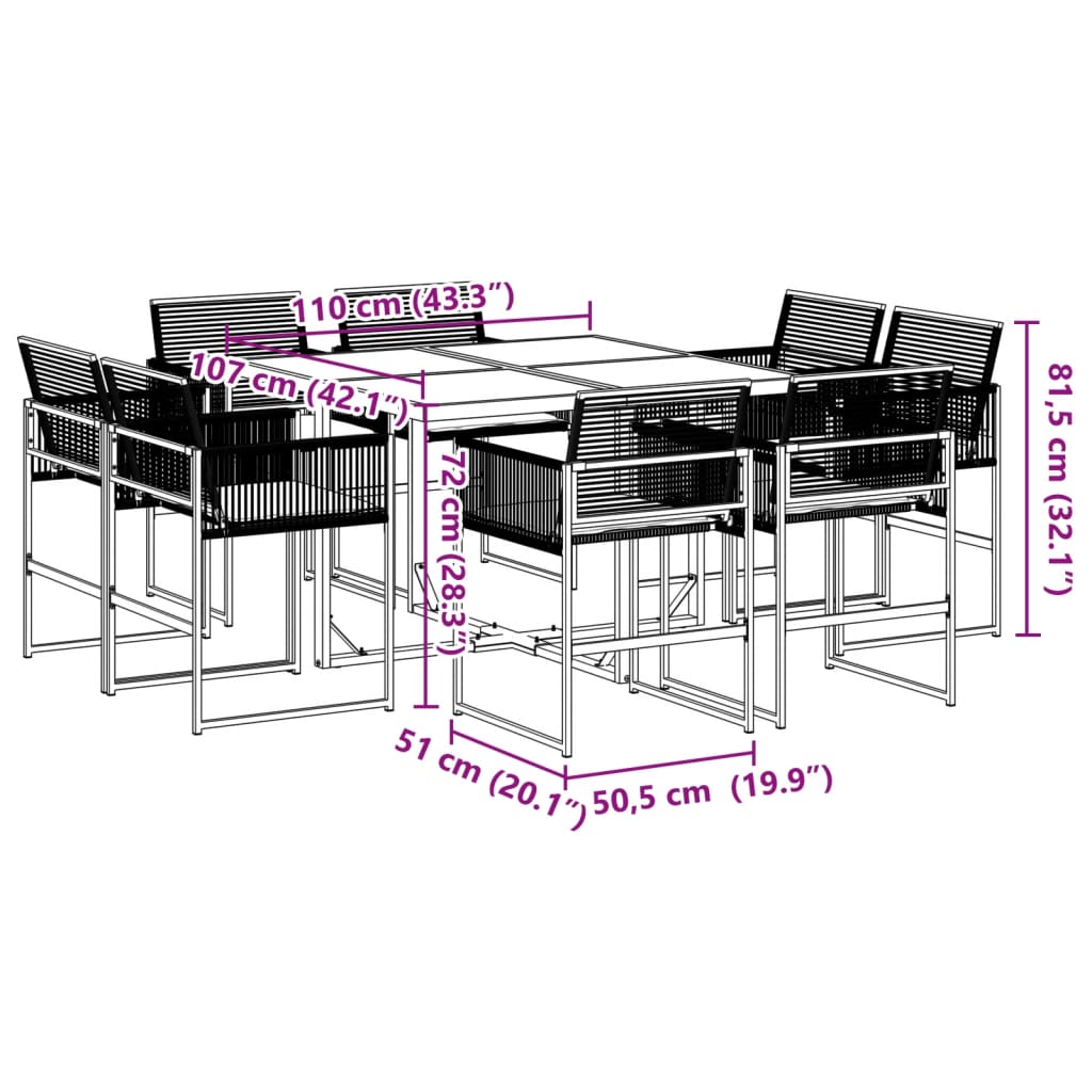 Set da Pranzo da Giardino 9 pz con Cuscini Nero in Polyrattan | homemem39