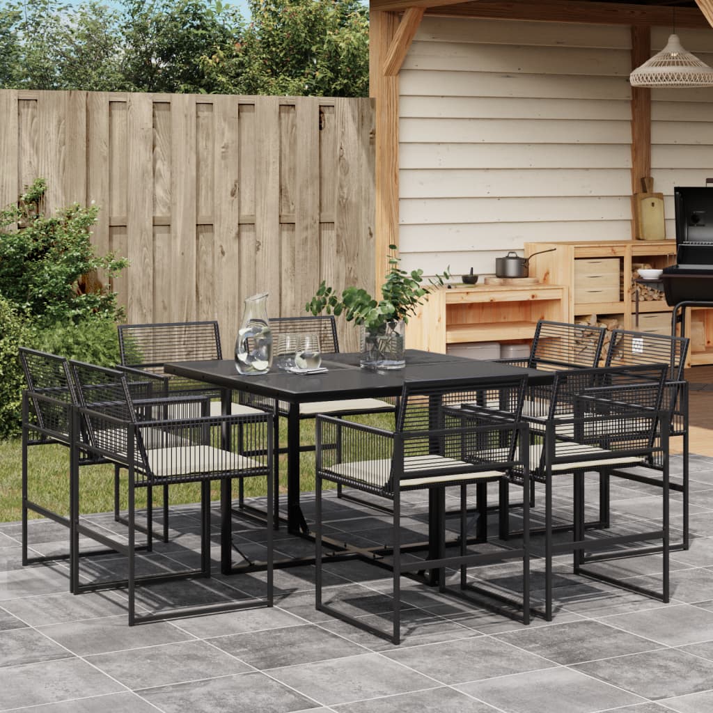 Set da Pranzo da Giardino 9 pz con Cuscini Nero in Polyrattan | homemem39