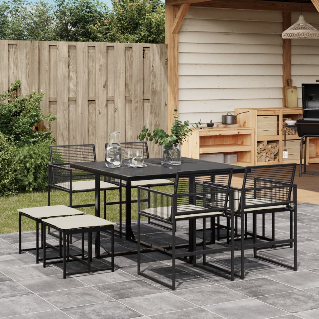 Set da Pranzo da Giardino 9 pz con Cuscini Nero in Polyrattan - homemem39