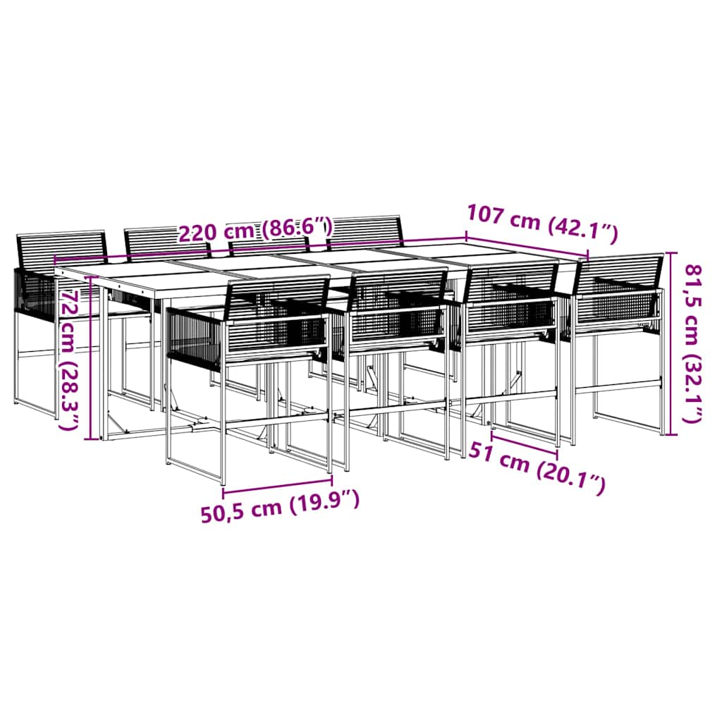 Set da Pranzo da Giardino 9 pz con Cuscini Nero in Polyrattan | homemem39