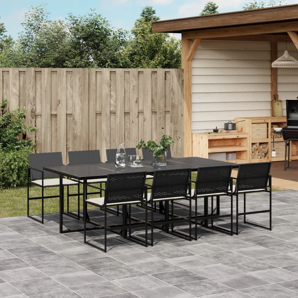 Set da Pranzo da Giardino 9 pz con Cuscini Nero in Polyrattan - homemem39
