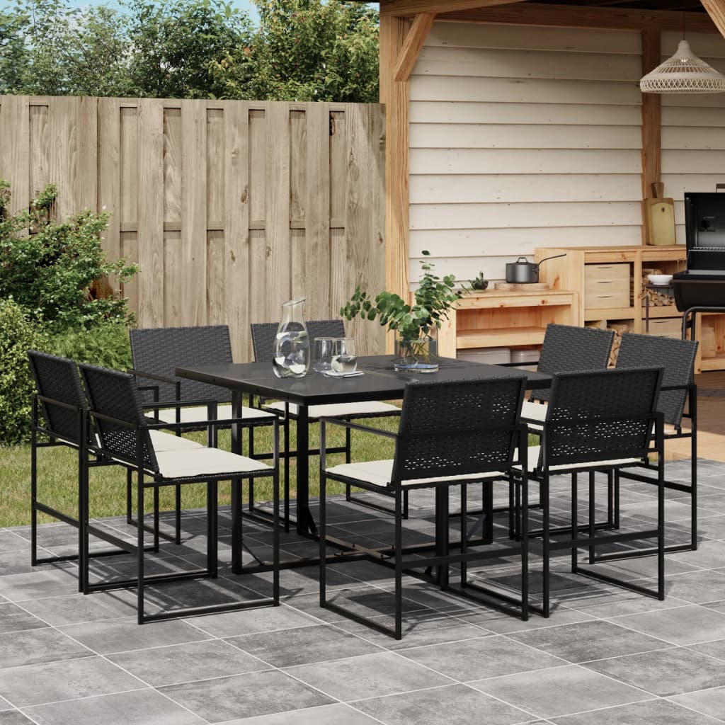 Set da Pranzo da Giardino 9 pz con Cuscini Nero in Polyrattan - homemem39
