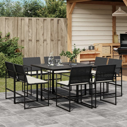 Set da Pranzo da Giardino 9 pz con Cuscini Nero in Polyrattan - homemem39