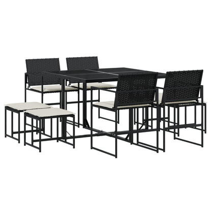 Set da Pranzo da Giardino 9 pz con Cuscini Nero in Polyrattan | homemem39