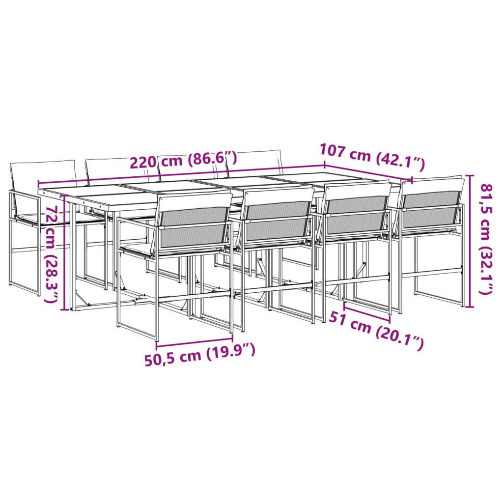 Set da Pranzo da Giardino 9 pz con Cuscini Nero in Textilene | homemem39