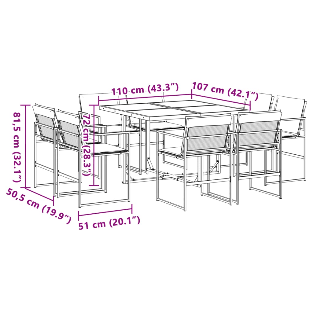 Set da Pranzo da Giardino 9 pz con Cuscini Nero in Textilene | homemem39