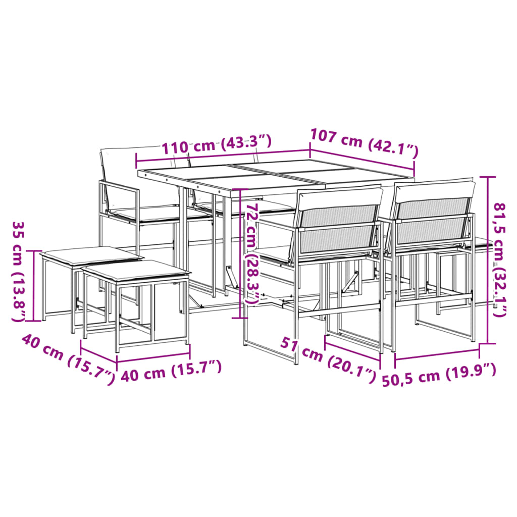 Set da Pranzo da Giardino 9 pz con Cuscini Nero in Textilene | homemem39