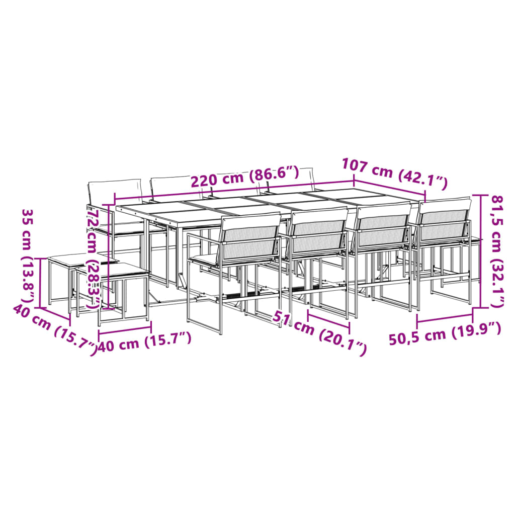 Set da Pranzo da Giardino 13 pz con Cuscini Bianco in Textilene | homemem39