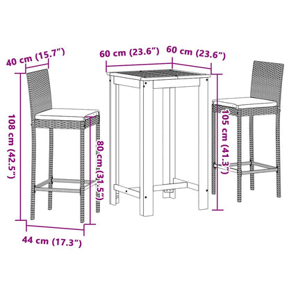 Set Bar da Giardino 3 pz Nero in Legno Acacia e Polyrattan | homemem39