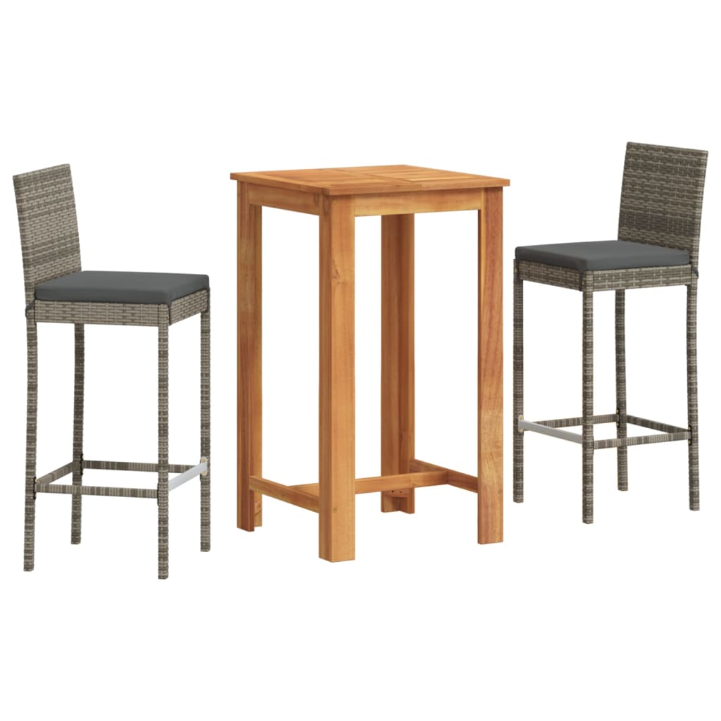 Set Bar da Giardino 3 pz Grigio in Legno Acacia e Polyrattan | homemem39
