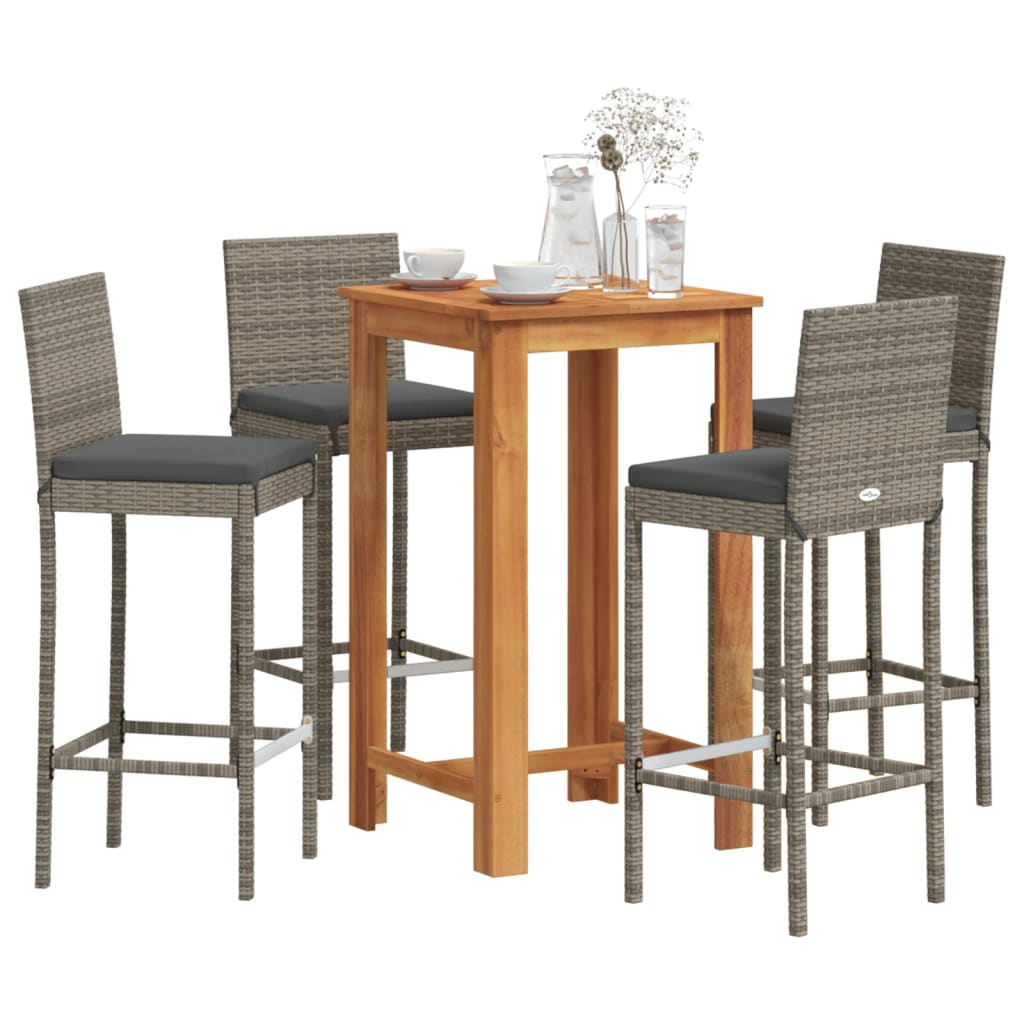 Set Bar Giardino 5pz Grigio Legno Massello Acacia e Polyrattan | homemem39