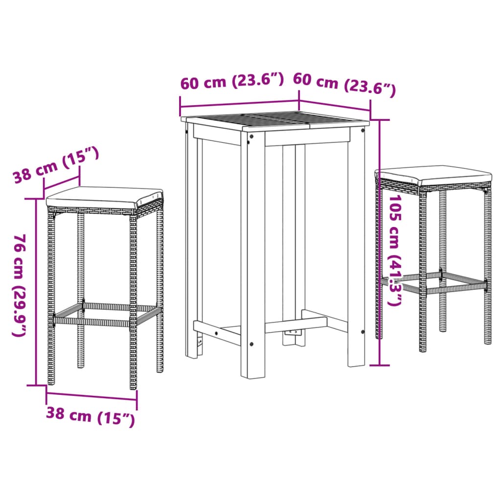 Set Bar da Giardino 3 pz Grigio in Legno Acacia e Polyrattan | homemem39