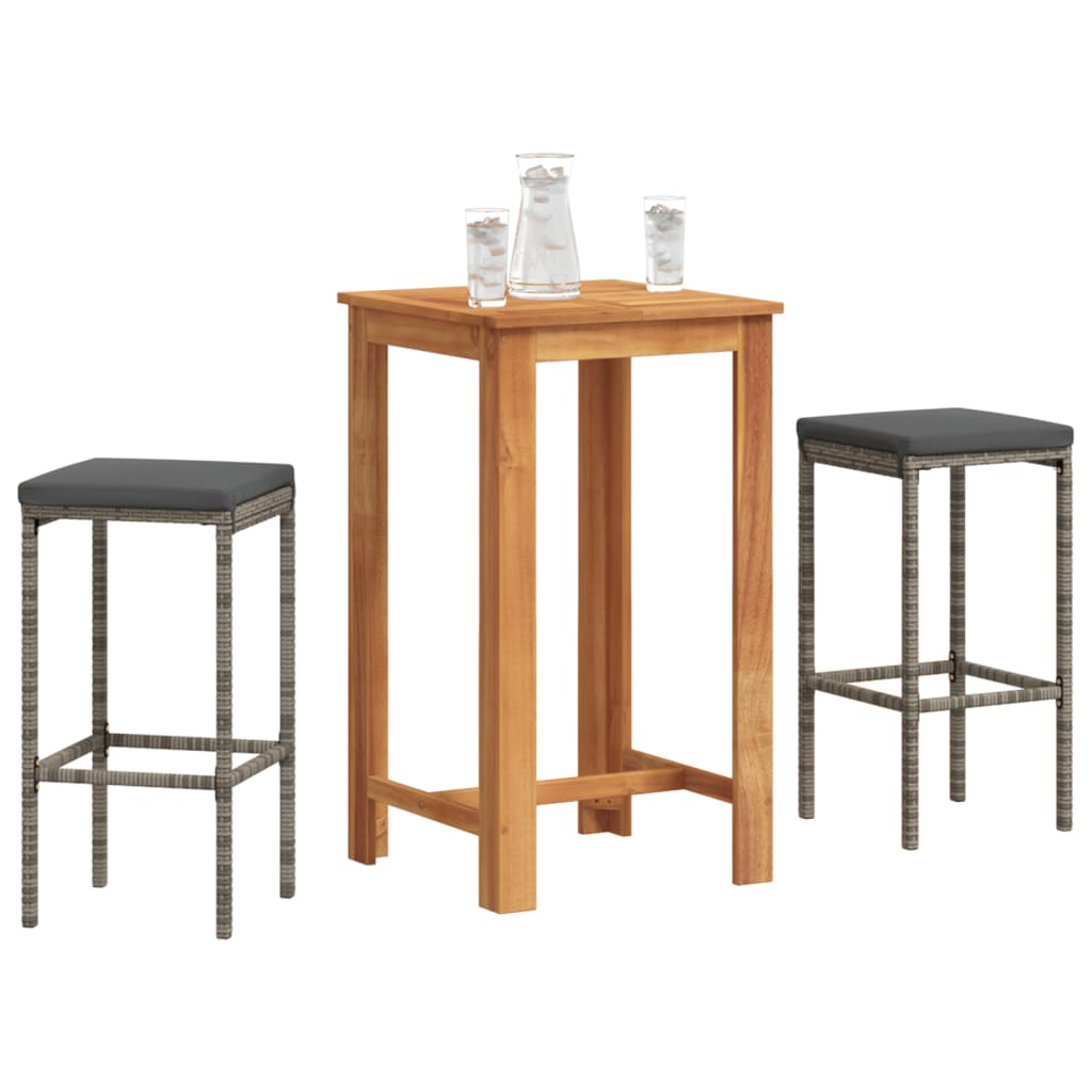 Set Bar da Giardino 3 pz Grigio in Legno Acacia e Polyrattan | homemem39