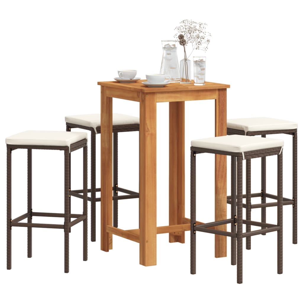 Set Bar Giardino 5pz Marrone Legno Massello Acacia e Polyrattan | homemem39