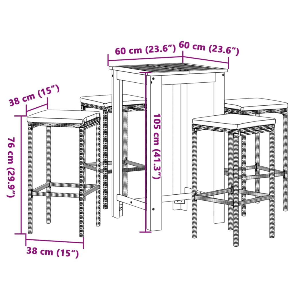 Set Bar Giardino 5pz Grigio Legno Massello Acacia e Polyrattan | homemem39
