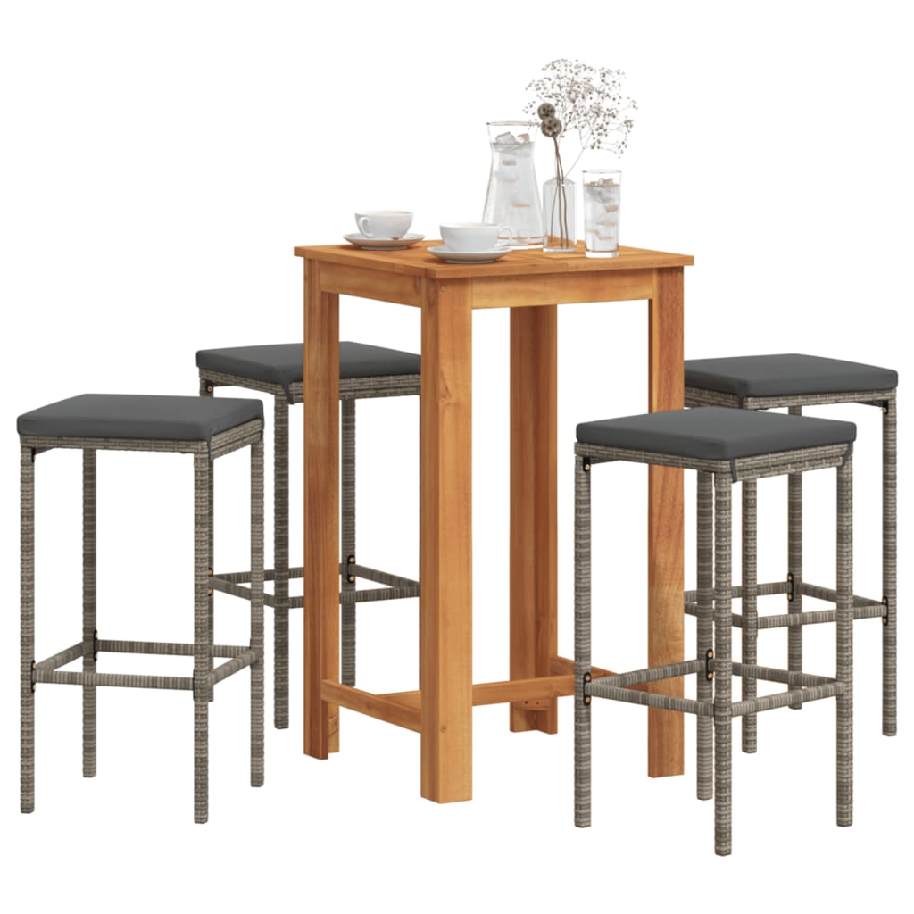 Set Bar Giardino 5pz Grigio Legno Massello Acacia e Polyrattan | homemem39