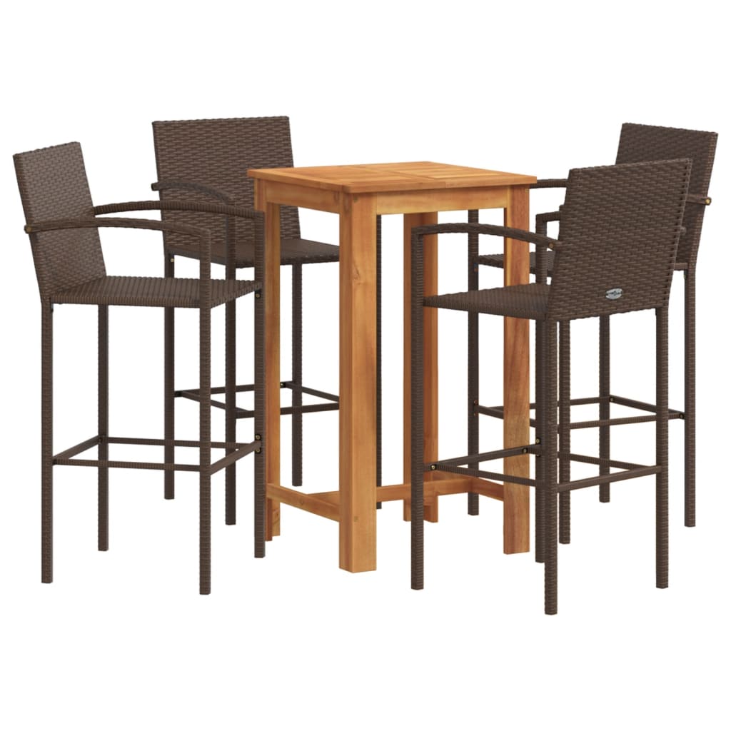 Set Bar Giardino 5pz Marrone Legno Massello Acacia e Polyrattan - homemem39