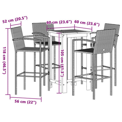 Set Bar Giardino 5pz Grigio Legno Massello Acacia e Polyrattan | homemem39