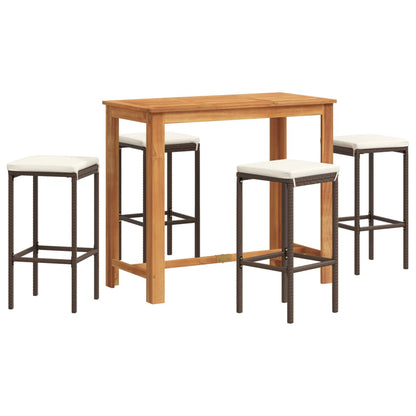 Set Bar Giardino 5pz Marrone Legno Massello Acacia e Polyrattan | homemem39