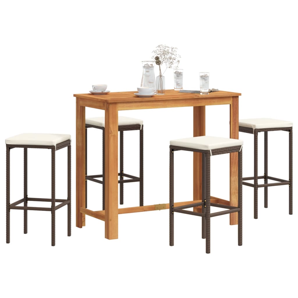 Set Bar Giardino 5pz Marrone Legno Massello Acacia e Polyrattan | homemem39
