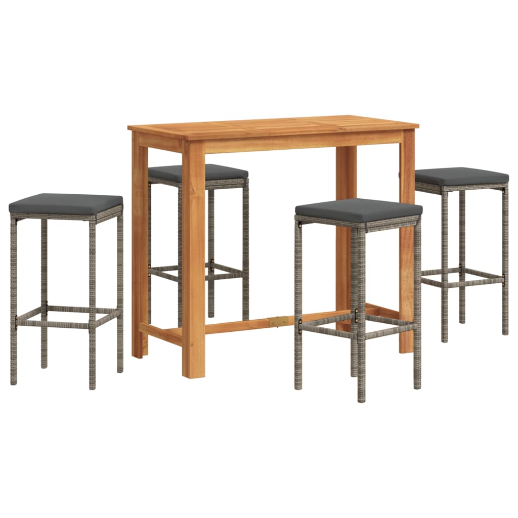 Set Bar Giardino 5pz Grigio Legno Massello Acacia e Polyrattan | homemem39